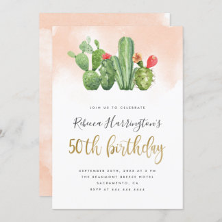 Modern Blush Watercolor & Cactus 50. Geburtstag Einladung
