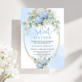 Modern Bohemian Blue Floral Gold Sweet 16 Birthday Einladung
