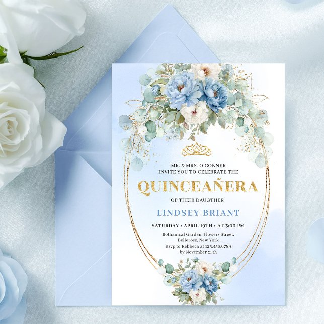Modern Bohemian Blue Floral Quinceañera Digital  Einladung (Modern Bohemian Blue Floral Quinceañera Digital Invite)