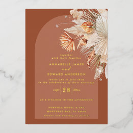 Modern bohemian terracotta pampas grass wedding folieneinladung