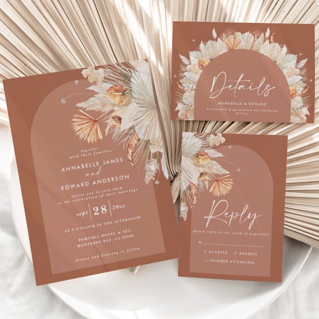 Modern bohemian terracotta pampas grass wedding RSVP karte (Von Creator hochgeladen)