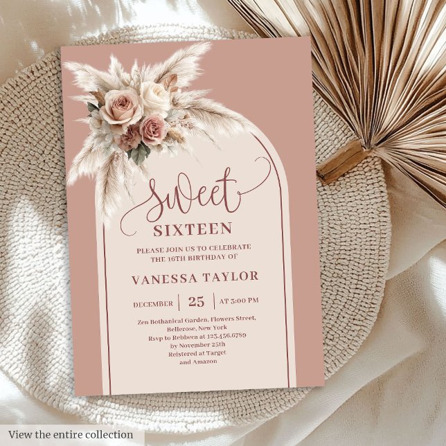 Modern Boho Arch Dusty Pink Pampas Floral Sixteen Einladung (Modern Boho Arch Dusty Pink Pampas Floral Sixteen)