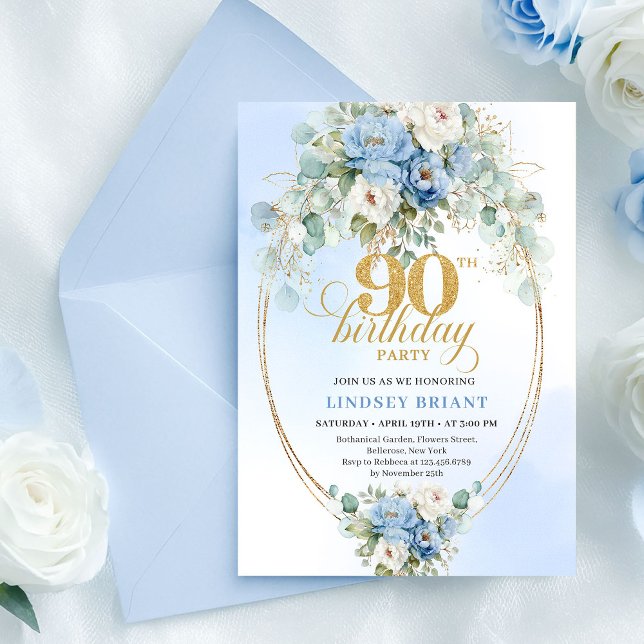 Modern Boho Blue Peony Gold 90th Birthday Invite Einladung (Modern Boho Blue Peony Gold 90th Birthday Invite)
