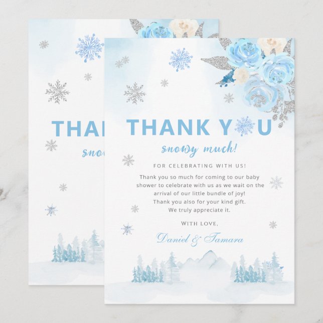 Modern Boho Blue Snowflakes Winter Baby Dusche Dankeskarte (Vorne/Hinten)