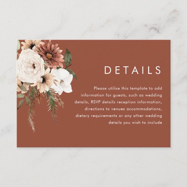 Modern Boho Blume Terracotta Hochzeit Details Begleitkarte (Vorderseite)