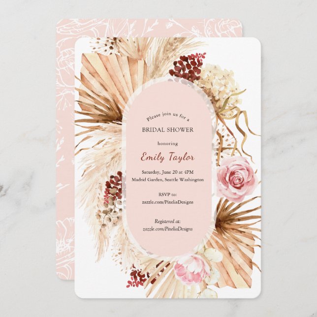 Modern Boho Blush Pink Pampas Grass Floral Bridal Einladung (Vorne/Hinten)