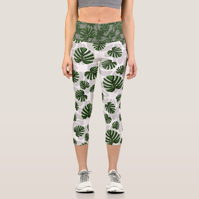 Modern Boho Botanical Leaves Pattern Capri Leggings (Vorderseite)