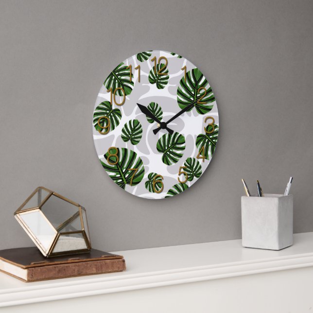 Modern Boho Botanical Leaves Pattern Große Wanduhr (Büro)