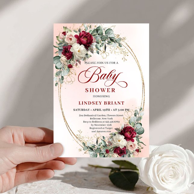 Modern Boho Burgundy and Gold Baby Shower Invite Einladung (Modern Boho Burgundy and Gold Baby Shower Invite)