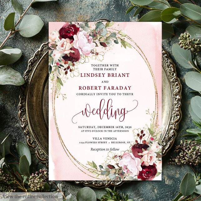 Modern Boho Burgundy Blush Gold Floral Invitation Einladung (Modern Boho Burgundy Blush Gold Floral Invite)