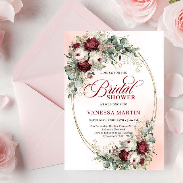 Modern Boho Burgundy Gold Eucalyptus Bridal Shower Einladung (Modern Burgundy Gold Eucalyptus Bridal Shower Invite)