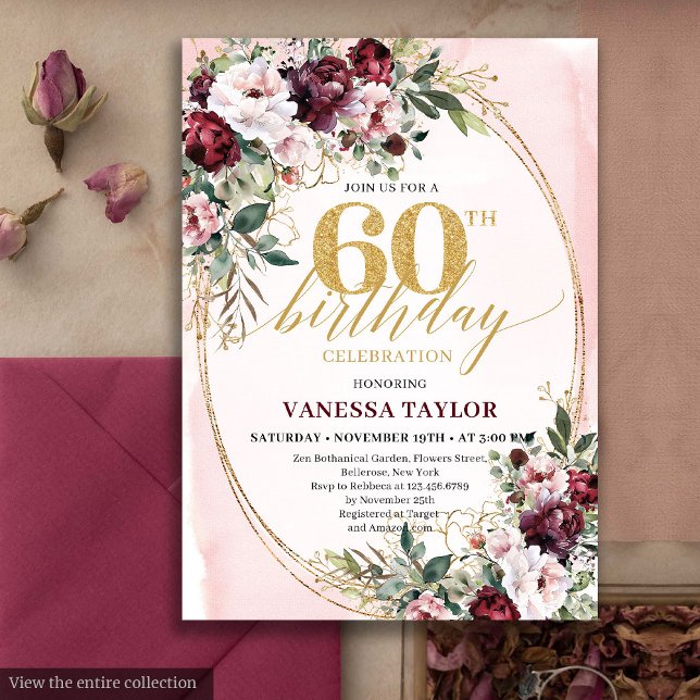 Modern Boho Burgundy Roses 60th Birthday Invite Einladung (Modern Boho Burgundy Roses 60th Birthday Invite)