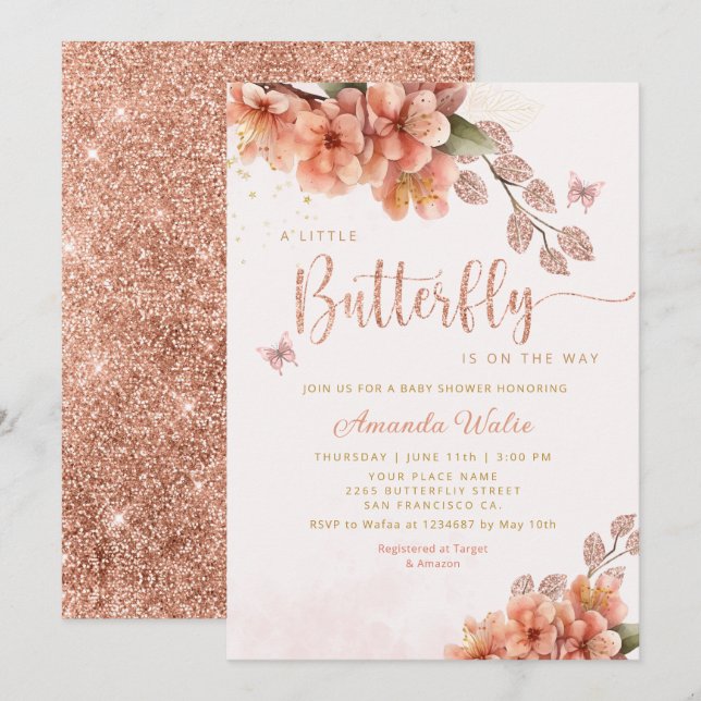 Modern Boho eine kleine Butterfly Girl Babydusche Einladung (Vorne/Hinten)
