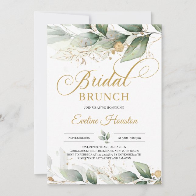 Modern Boho eucalyptus gold Blätter Brautbrunch Einladung (Vorderseite)