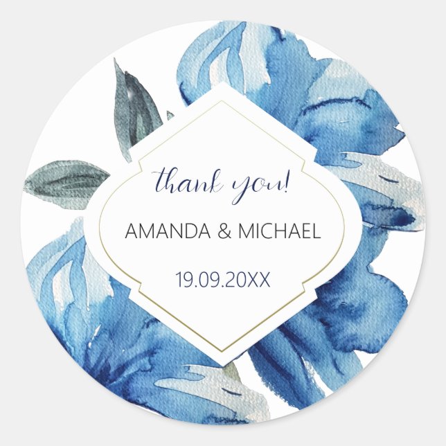 Modern Boho Floral Indigo Abstrakt Runder Aufkleber (Vorderseite)