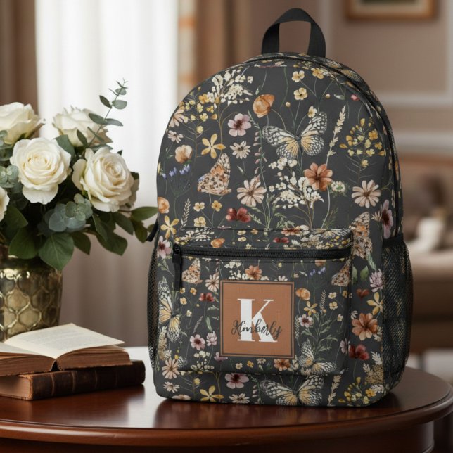 Modern Boho Floral Monogram Name Bedruckter Rucksack (Von Creator hochgeladen)