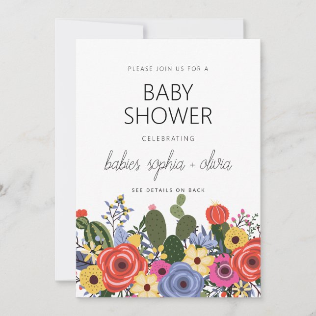 Modern Boho Floral Twin Baby Dusche Einladung (Vorderseite)