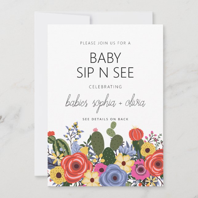 Modern Boho floral Twin Baby Sip und sehen Einladung (Vorderseite)