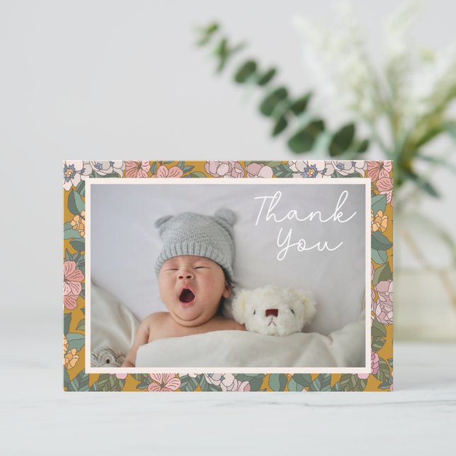 Modern Boho Floral Two Foto Babydusche Dankeskarte (Stehend Vorderseite)