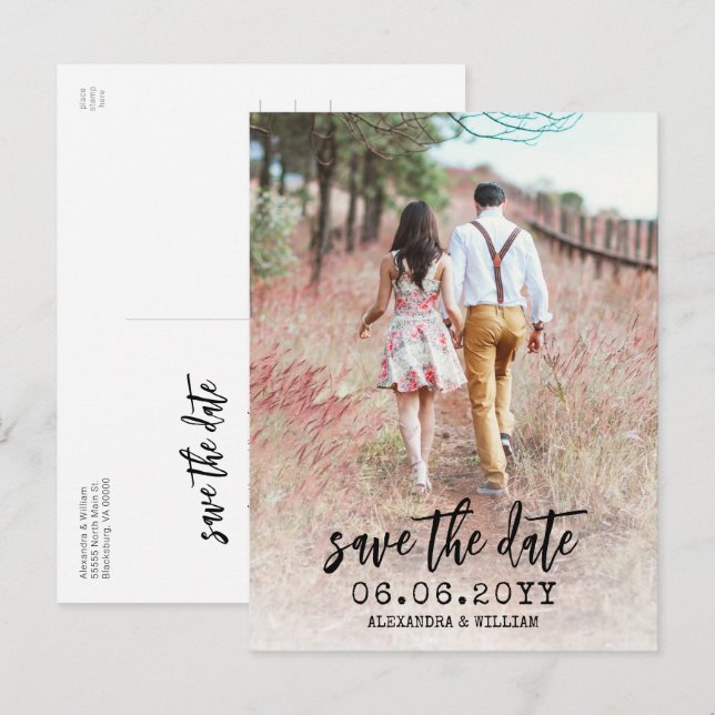 Modern Boho Foto Script Save the Date Postcard Ankündigungspostkarte (Vorne/Hinten)