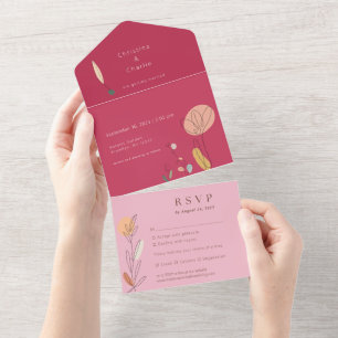 Modern Boho Fuchsia Pink Line Art Wedding All In One Einladung