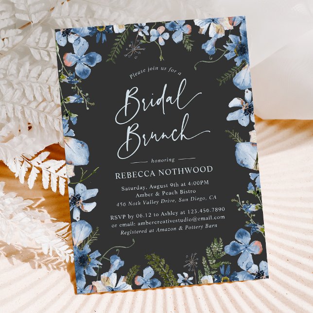 Modern Boho Gray Dusty Blue Floral Bridal Brunch Einladung (Von Creator hochgeladen)