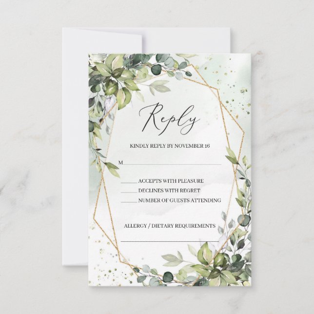 Modern Boho grün Blattgold geometrische Hochzeit RSVP Karte (Vorderseite)