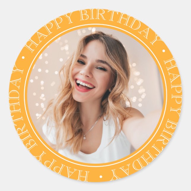 Modern Boho Happy Birthday Retro Senf Foto Runder Aufkleber (Vorderseite)
