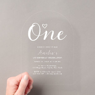 Modern Boho Heart White Script First Birthday Acryleinladungen