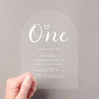 Modern Boho Heart White Script First Birthday Acryleinladungen
