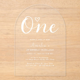 Modern Boho Heart White Script First Birthday Acryleinladungen