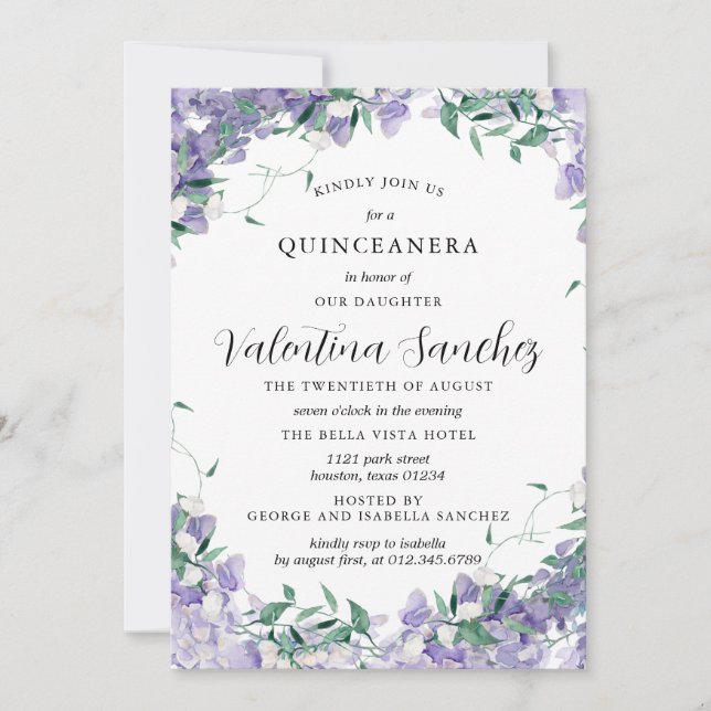 Modern Boho Lila Elegante Flora Quinceanera Einladung (Vorderseite)