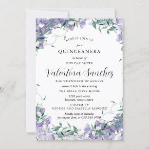 Modern Boho Lila Elegante Flora Quinceanera Einladung