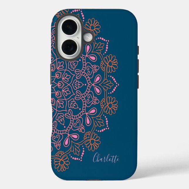 Modern Boho Mandala Medallion Aquamariner Name iPhone 16 Hülle (Rückseite)