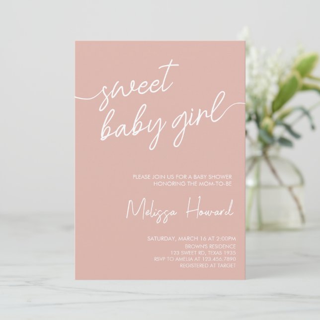 Modern Boho Minimalistisch Girl pink Babydusche Einladung (Stehend Vorderseite)