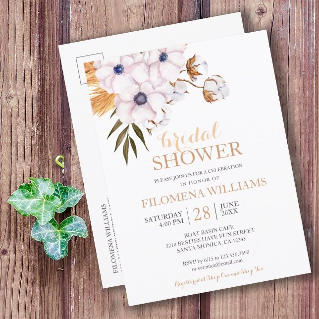 Modern Boho Pampas Grass Cotton Brautparty Einladungspostkarte (MODERN BOHO PAMPAS GRASS COTTON FLORAL BRIDAL SHOWER INVITATION POSTCARD
)