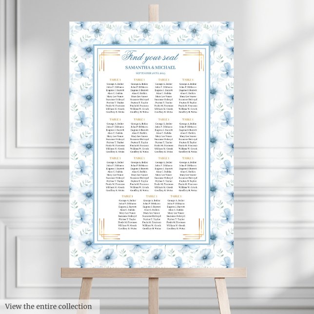 Modern Boho Pastel Blue Gold Glitzer Seekarte Poster (Modern Boho Pastel Blue Gold Glitter Seating Chart)