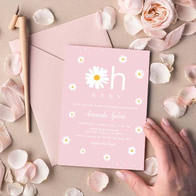 Modern Boho Pink Daisy Floral Baby Girl Shower Inv Einladung (Von Creator hochgeladen)