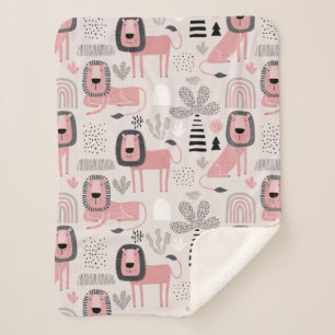 Modern Boho Pink Lions Rainbows Sherpa Blanket Sherpadecke
