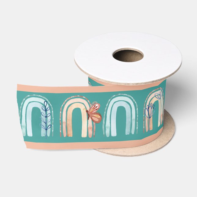 Modern Boho Rainbow Aquamarin Pfirsich Pink Satinband (Spule)