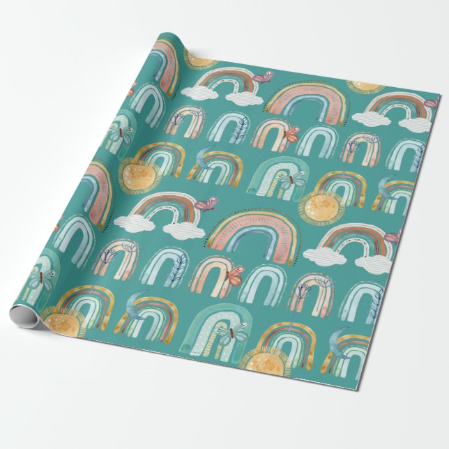 Modern Boho Rainbow Aquamarin Terracotta Mustard P Geschenkpapier (Ungerollt)