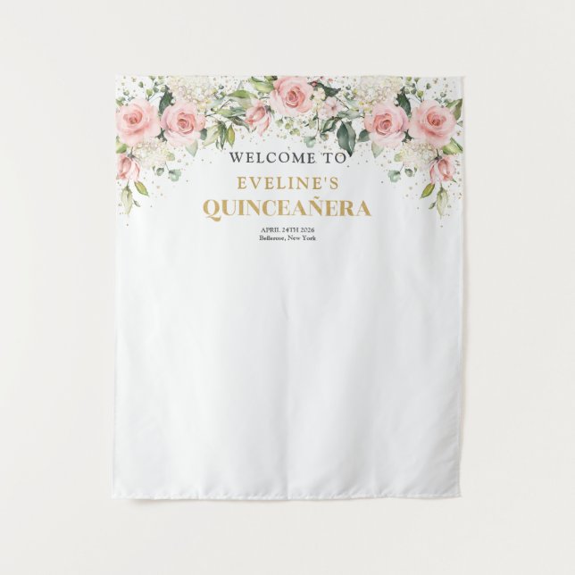 Modern Boho rot Rosa Blütengold Quinceanera Wandteppich (Vorderseite)