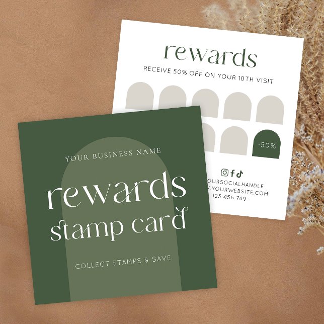 Modern Boho Sage Green Beauty Hair Salon Treuekarte (Trendy boho sage green business rewards cards with 10 stamp slots (add/remove slots if you like))