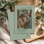 Modern Boho Sage Green Wedding Save The Date<br><div class="desc">Announce your big day with this boho wedding save the date in soft sage green,  featuring a modern layout,  minimalist typography,  and elegant script. Designed to highlight your engagement photo,  this simple yet romantic card blends rustic charm with timeless bohemian style.</div>