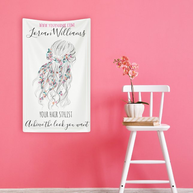 Modern Boho Schwarz-weiße Wavy Hair Style Flora Banner (Von Creator hochgeladen)