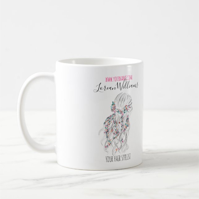 Modern Boho Schwarz-weiße Wavy Hair Style Flora Kaffeetasse (Links)