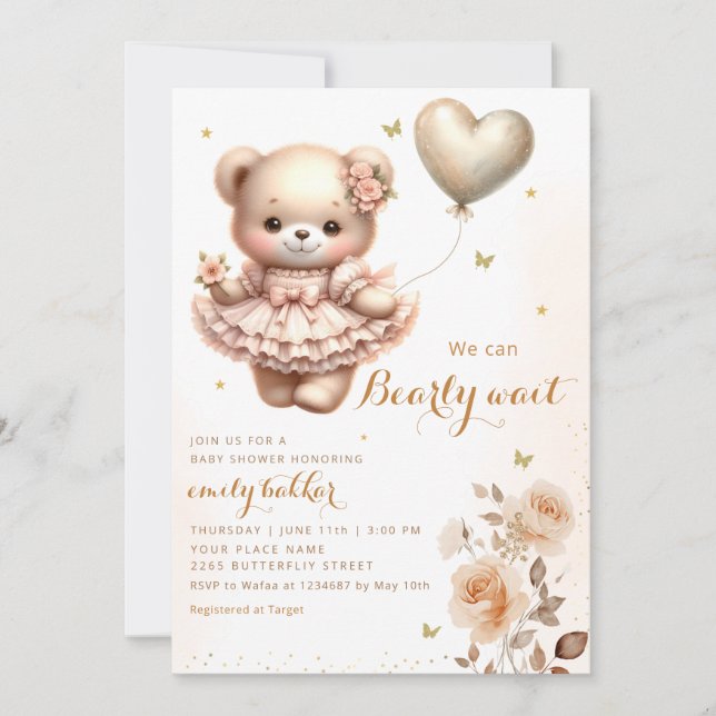 Modern Boho Teddy Bear Balloon Girl Baby Shower Einladung (Vorderseite)