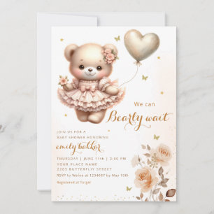 Modern Boho Teddy Bear Balloon Girl Baby Shower Einladung