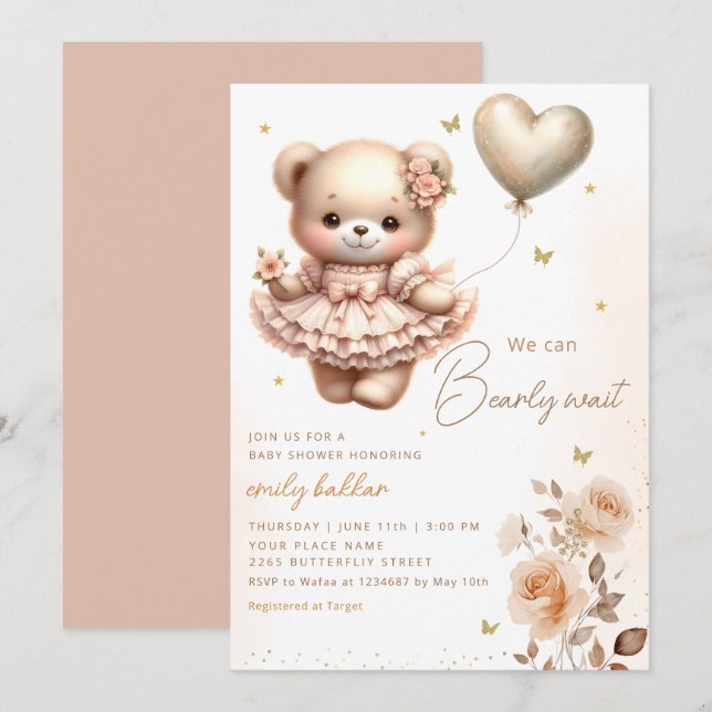 Modern Boho Teddy Bear Balloon Girl Baby Shower Einladung (Vorne/Hinten)