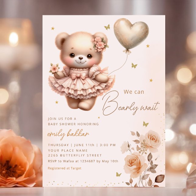 Modern Boho Teddy Bear Balloon Girl Baby Shower Einladung (Von Creator hochgeladen)